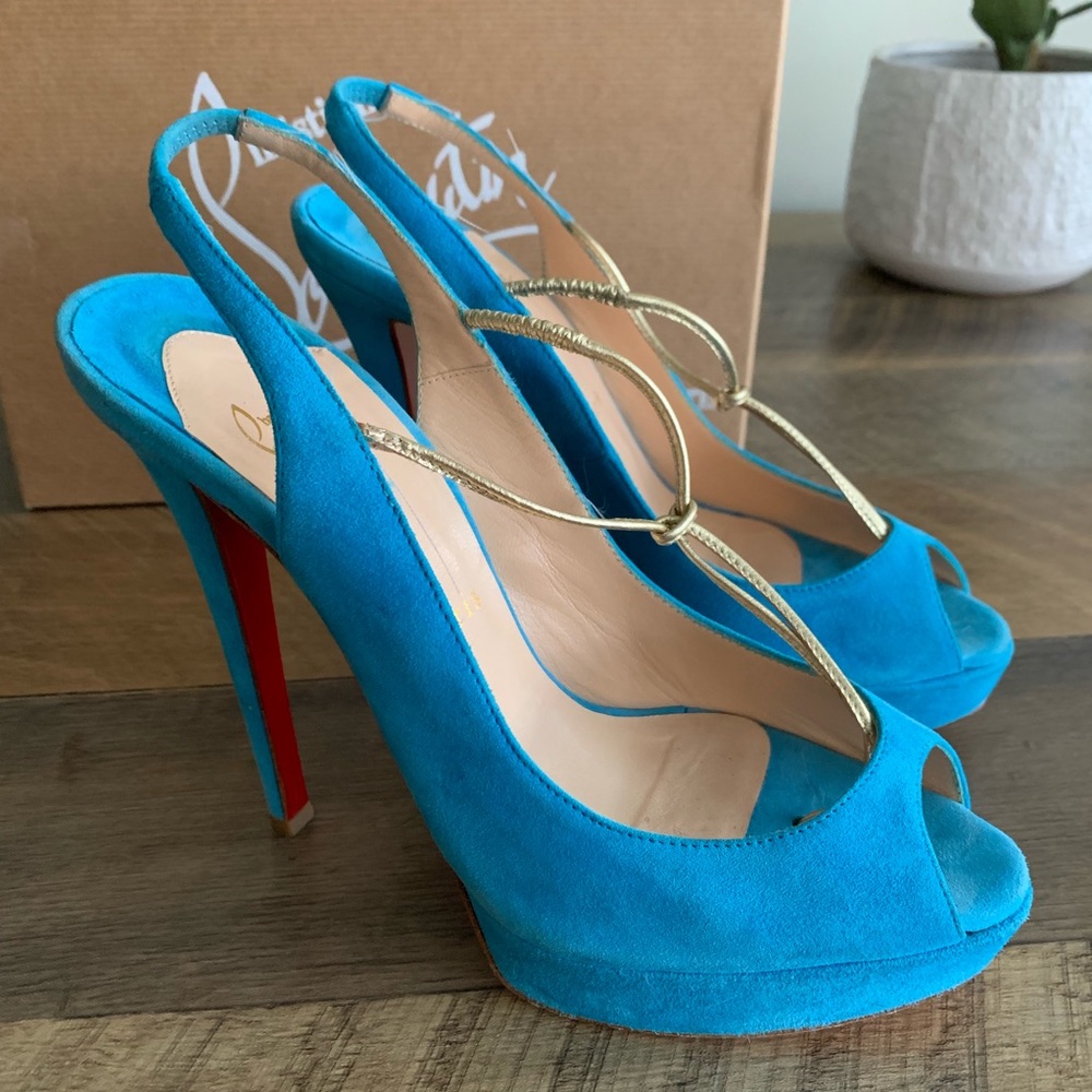 Christian Louboutin Suede Peep Toe Pumps - Picture 7 of 7
